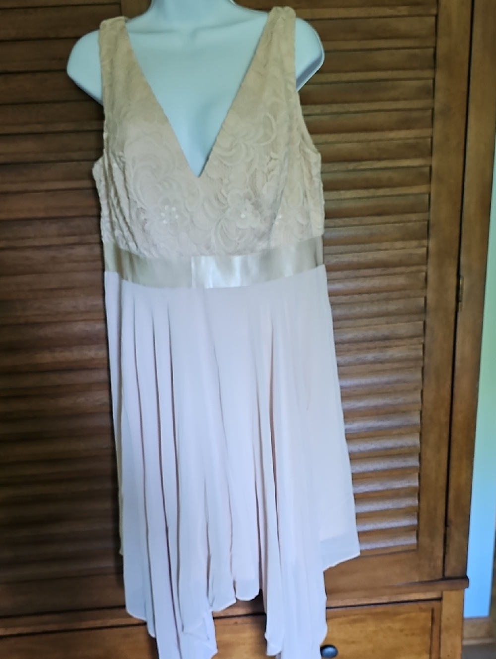 Ever Pretty V-Neck Lace Bodice High-Low Dress in Gold/cream